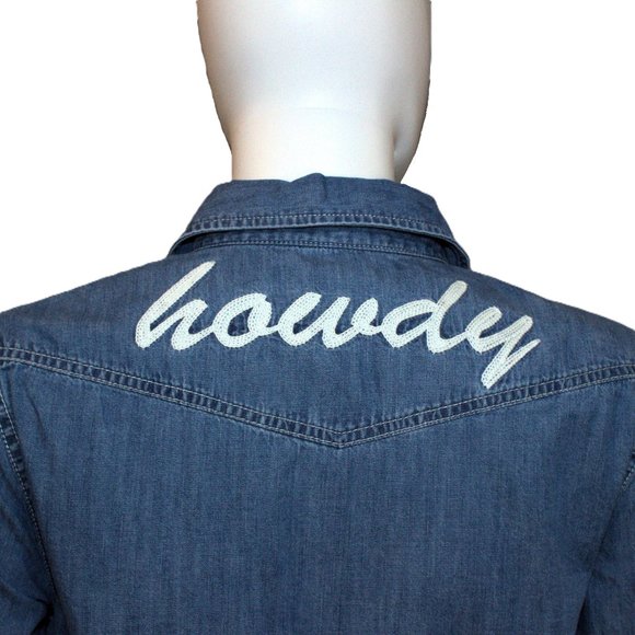 Draper James | Howdy Embroidered Chambray Button Down Blue Long Sleeve Shirt | 6 - Picture 6 of 13